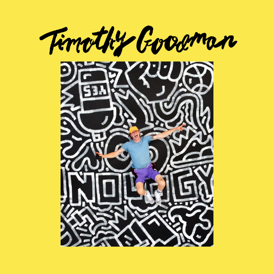 Yellow editorial booklet cover featuring designer Timothy Goodman and his black-and-white artwork