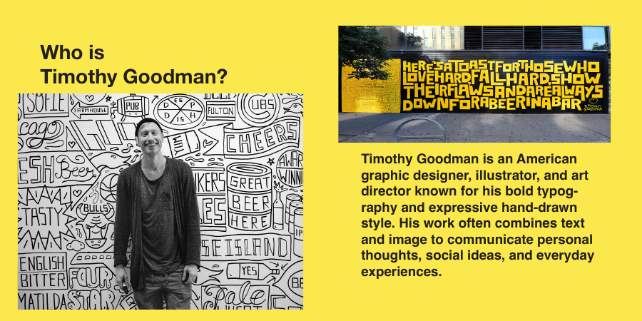 Booklet spread introducing Timothy Goodman and his background