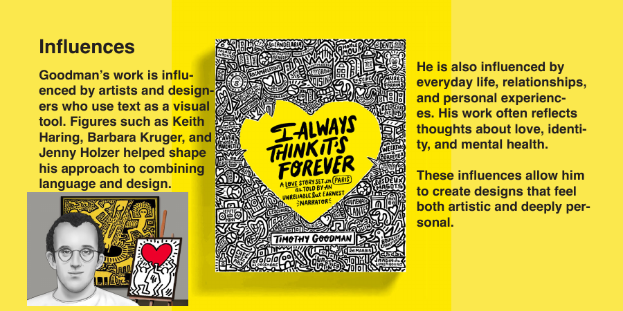 Booklet spread covering influences and personal storytelling