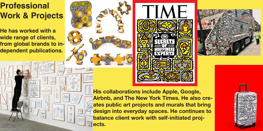 Booklet spread showing professional work and collaborations