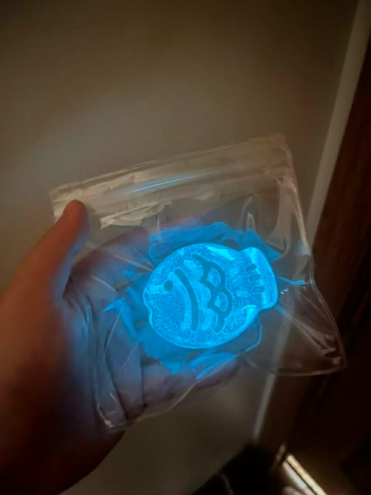 A fish-shaped squeeze toy glowing blue in a clear package