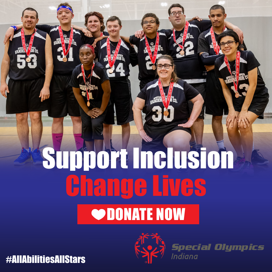 Inclusive basketball team graphic with a donate now call to action